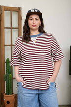 Simply Striped Basic Short Sleeve Top-Burgundy (S-3X)