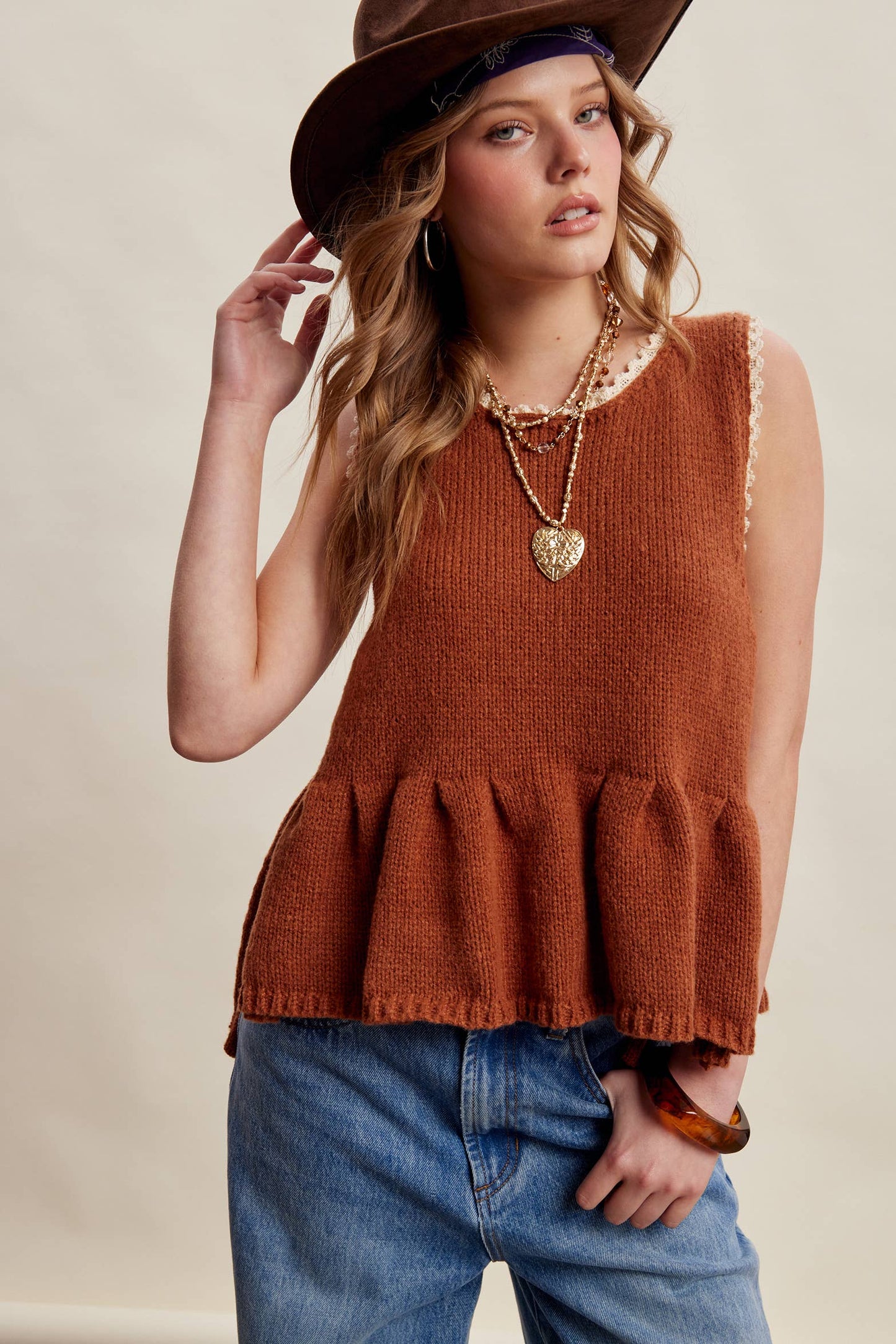 Rustic Wood Side Tie Knit Peplum Top