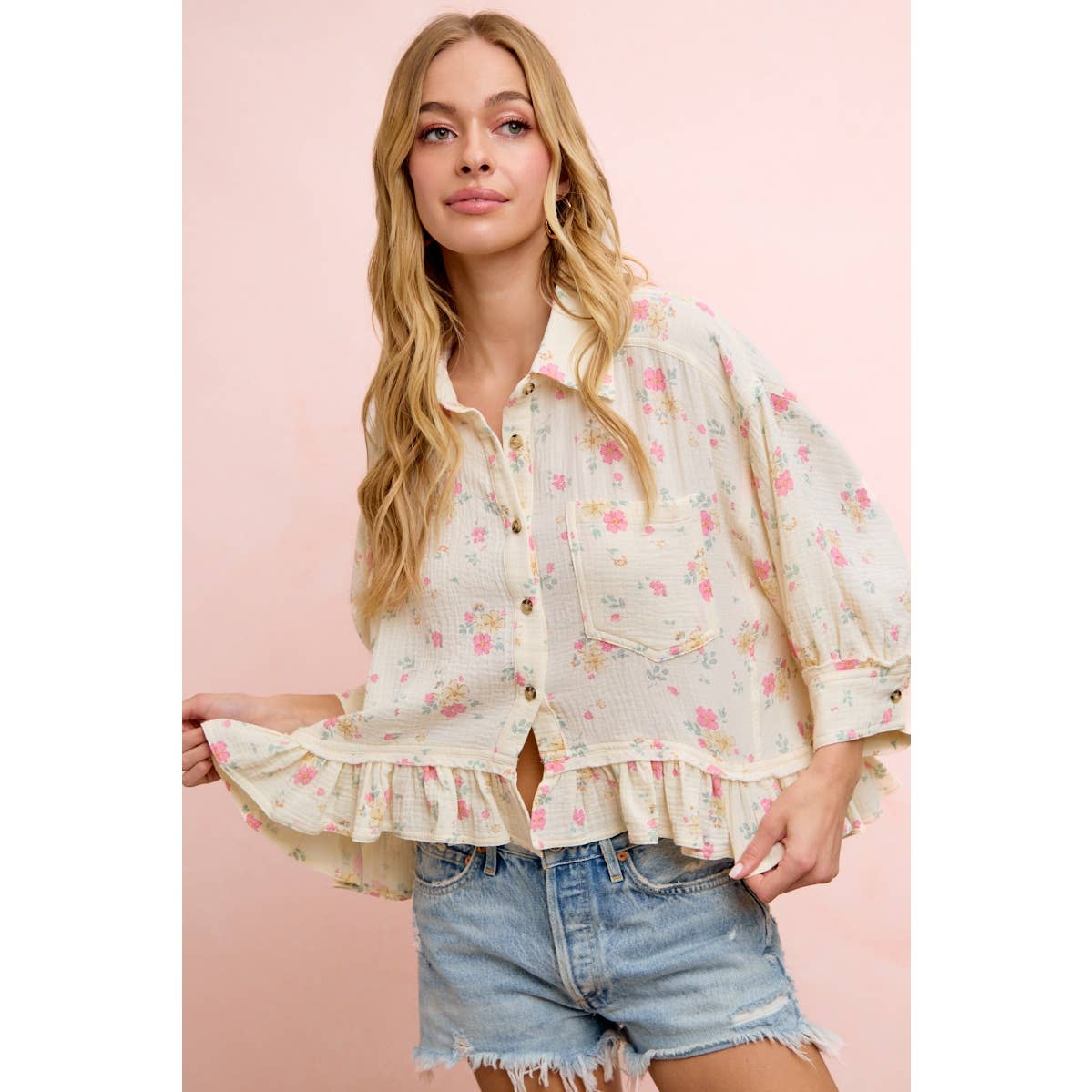 Flora Floral Peplum Button Up (S-Xl)