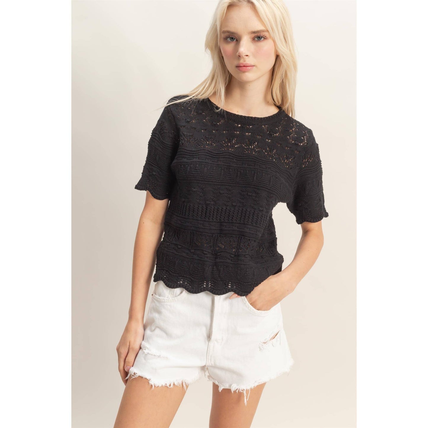 Time for Texture Knit Short Sleeve Top-Black