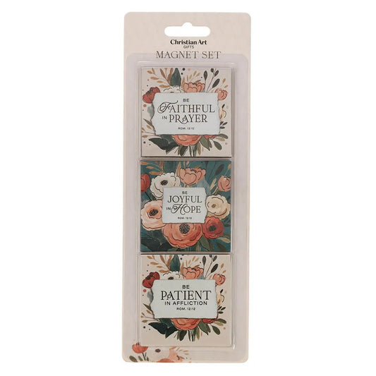 Magnet Set 3 Pc Floral Joyful, Patient, Faithful Rom 12:12