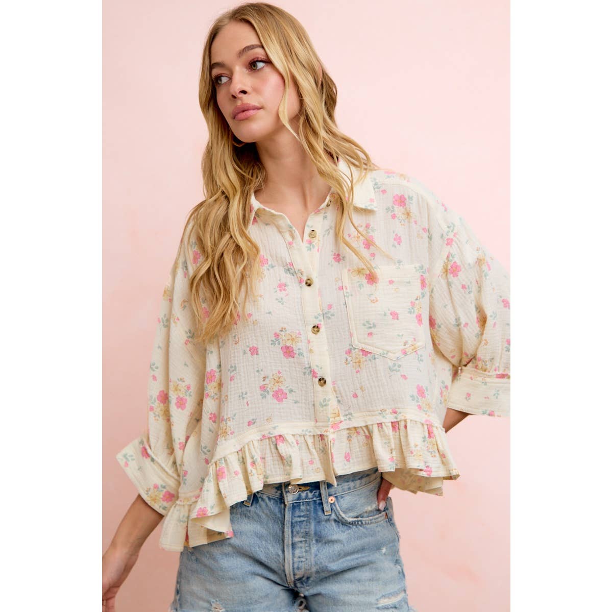 Flora Floral Peplum Button Up (S-Xl)