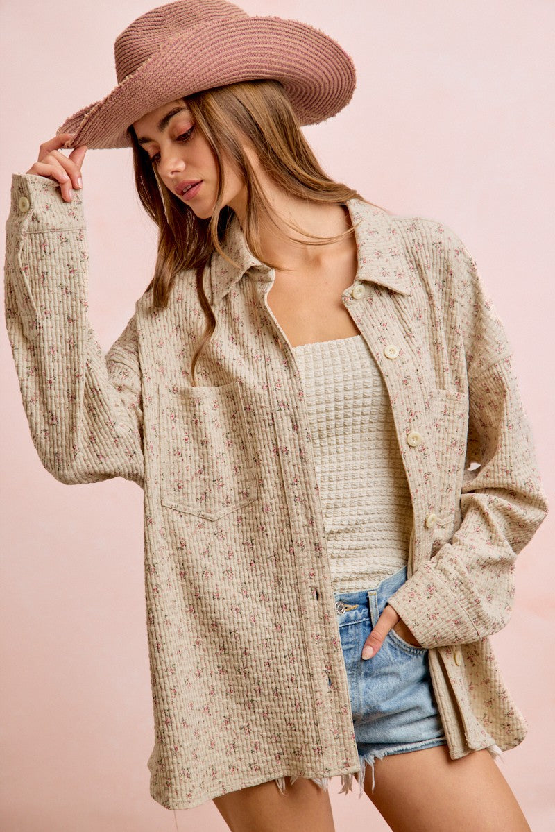 Floral Forecast Textured Knit Button Up (S-XL)