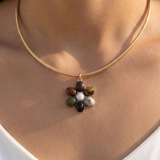 Semi Precious Stone Flower Pendant Necklace