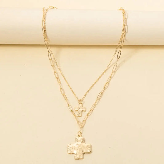 Layered Hammered Cross Pendant Necklace